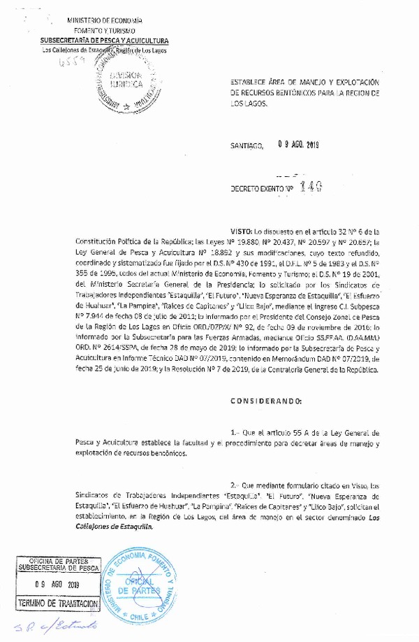 Dec. Ex. N° 140-2019 Establece Área de Manejo Los Callejones de Estaquilla, Región de Los lagos. (Publicado en Página Web 16-08-2019) (F.D.O. 19-08-2019)