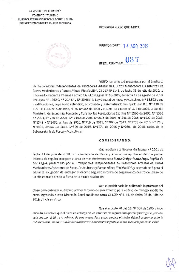 Res. Ex. N° 37-2019 (DZP Región de Los Lagos) Prorroga 11° Seguimiento.