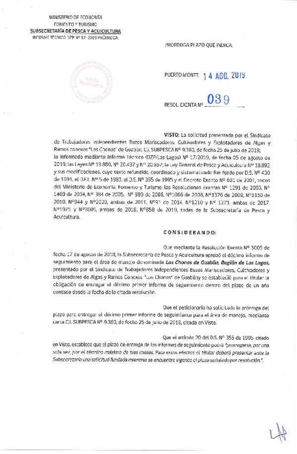 Res. Ex. N° 39-2019 (DZP Región de Los Lagos) Prorroga 11° Seguimiento.