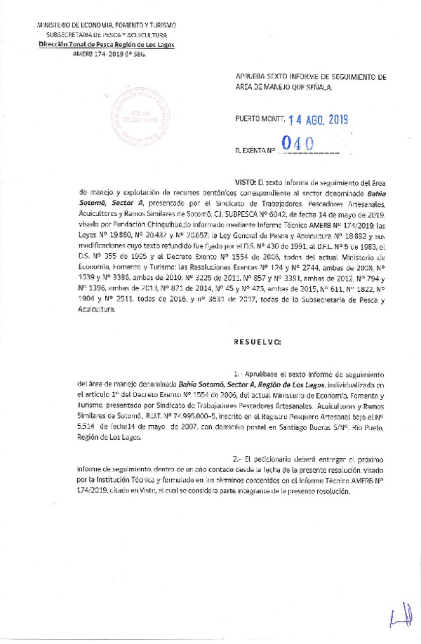 Res. Ex. N° 40-2019 (DZP Región de Los Lagos) 6° Seguimiento.