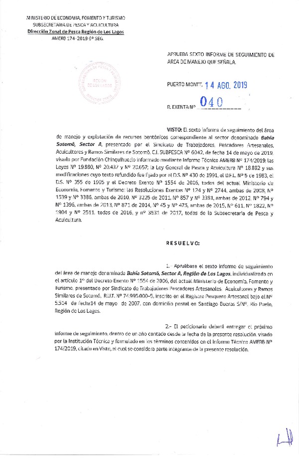 Res. Ex. N° 40-2019 (DZP Región de Los Lagos) 6° Seguimiento.