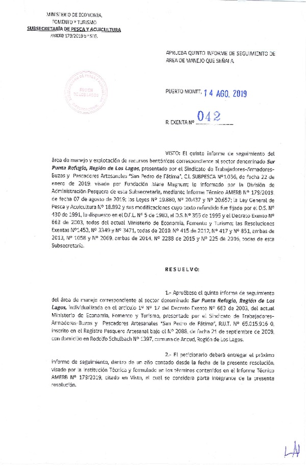 Res. Ex. N° 42-2019 (DZP Región de Los Lagos) 5° Seguimiento.