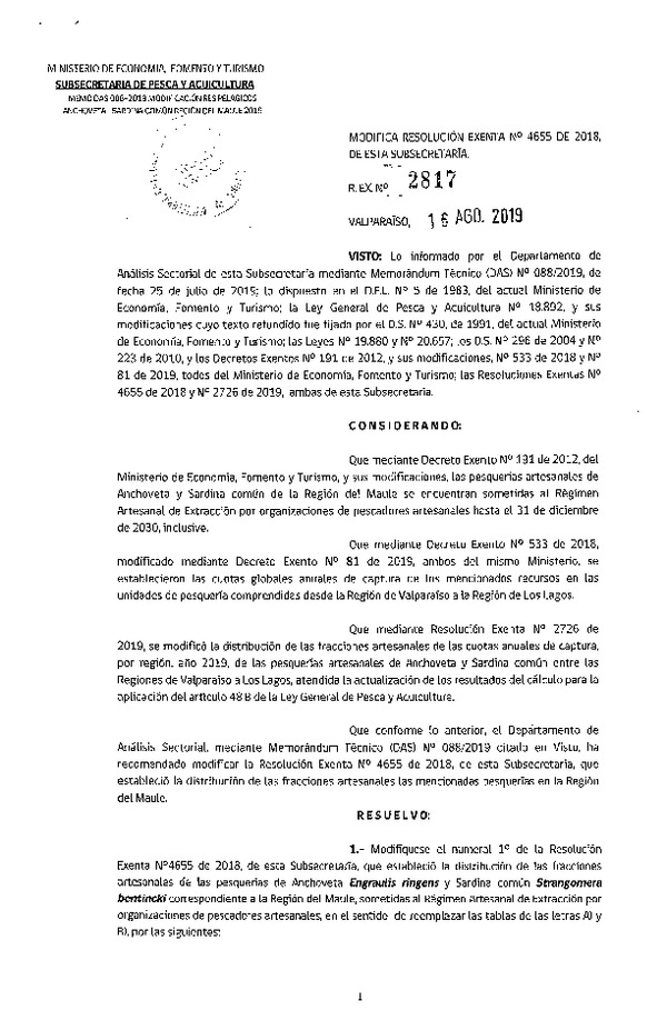 Res. Ex. N° 2817-2019 Modifica Res. Ex. N° 4655-2018 Distribución de la fracción artesanal de pesquería de Anchoveta y sardina común, Región del Maule, año 2019. (Publicado en Página Web 20-08-2019) (F.D.O. 27-08-2019)