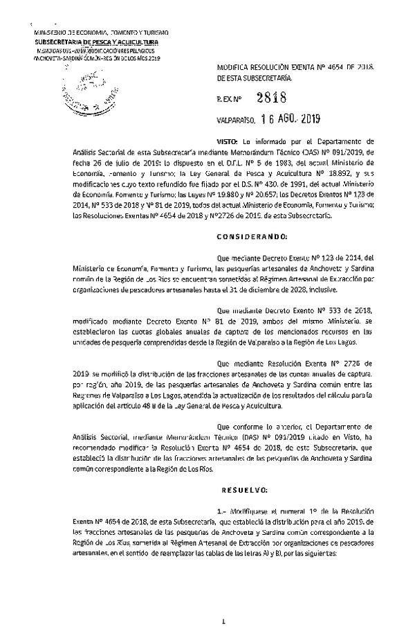 Res. Ex. N° 2818-2019 Modifica Res. Ex. N° 4654-2018 Distribución de la fracción artesanal de pesquería de Anchoveta y sardina común, Región de Los Ríos, año 2019. (Publicado en Página Web 20-08-2019) (F.D.O. 27-08-2019)