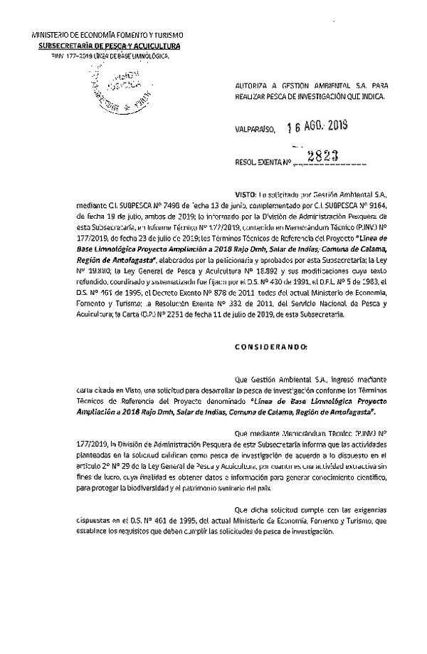 Res. Ex. N° 2823-2019 Línea de base limnológica, Región de Antofagasta.