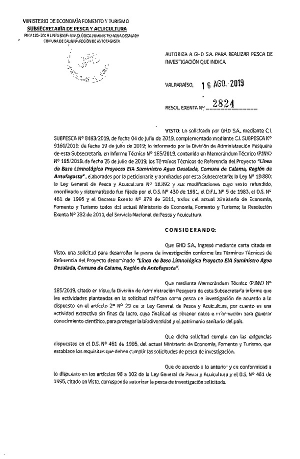 Res. Ex. N° 2824-2019 Línea de base limnológica, Región de Antofagasta.