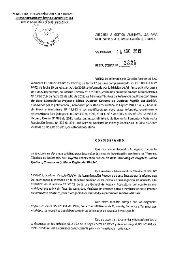 Res. Ex. N° 2825-2019 Línea de base limnológica, Región del Biobío.