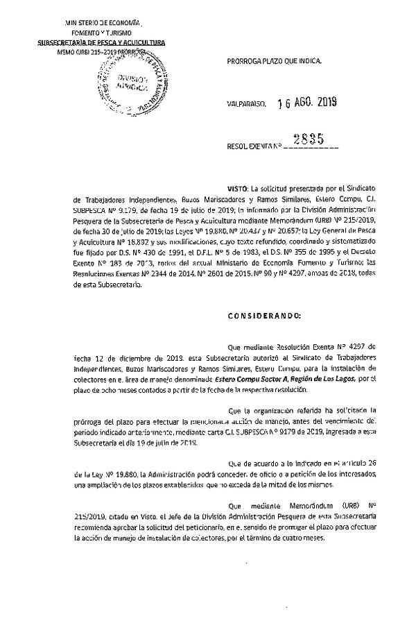 Res. Ex. N° 2835-2019 Prorroga Acción de Manejo.