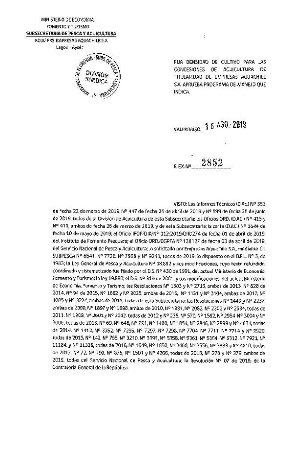 Res. Ex. N° 2852-2019 Fija Densidad de Cultivo para la Concesiones de Aquachile S.A. (Con Informe Técnico) (Publicado en Página Web 20-08-2019)