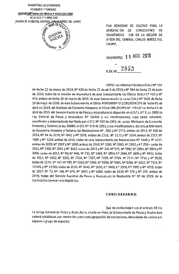 Res. Ex. N° 2853-2019 Fija Densidad de Cultivo para la Agrupación de Concesiones de Salmónidos 21B, Región de Aysén del General Carlos Ibañez del Campo (Con Informe Técnico) (Publicado en Página Web 20-08-2019) (F.D.O. 27-08-2019)