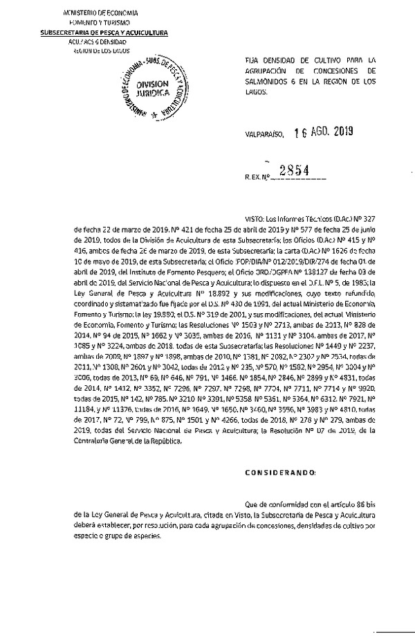 Res. Ex. N° 2854-2019 Fija Densidad de Cultivo para la Agrupación de Concesiones de Salmónidos 6, Región de Los Lagos. (Con Informe Técnico) (Publicado en Página Web 20-08-2019)(F.D.O. 27-08-2019)