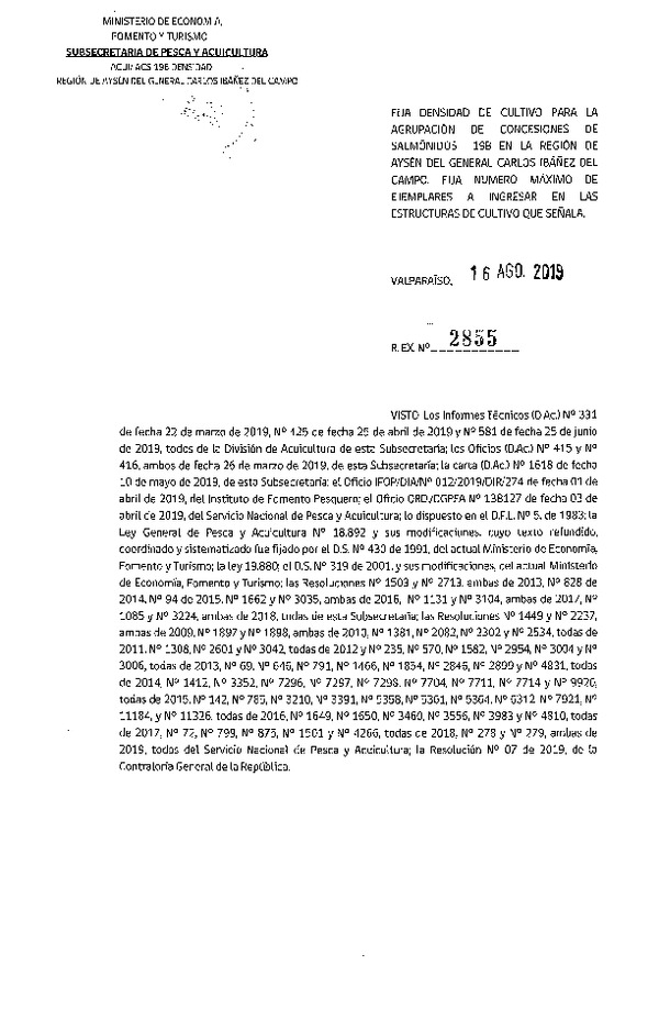 Res. Ex. N° 2855-2019 Fija Densidad de Cultivo para la Agrupación de Concesiones de Salmónidos 19B, Región de Aysén del General Carlos Ibañez del Campo. (Con Informe Técnico) (Publicado en Página Web 20-08-2019) (F.D.O. 27-08-2019)