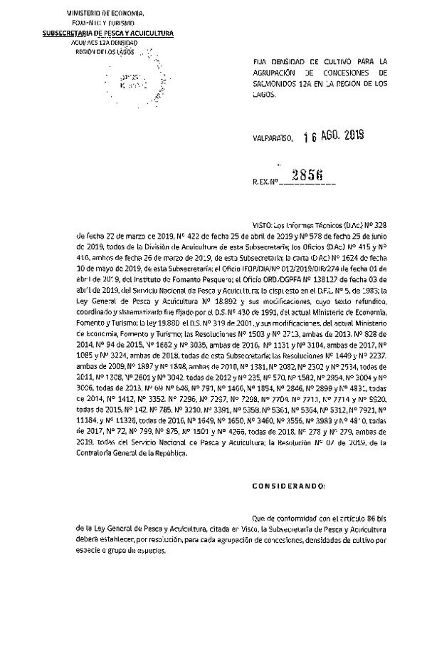 Res. Ex. N° 2856-2019 Fija Densidad de Cultivo para la Agrupación de Concesiones de Salmónidos 12A, Región de Los Lagos. (Con Informe Técnico) (Publicado en Página Web 20-08-2019) (F.D.O. 27-08-2019)