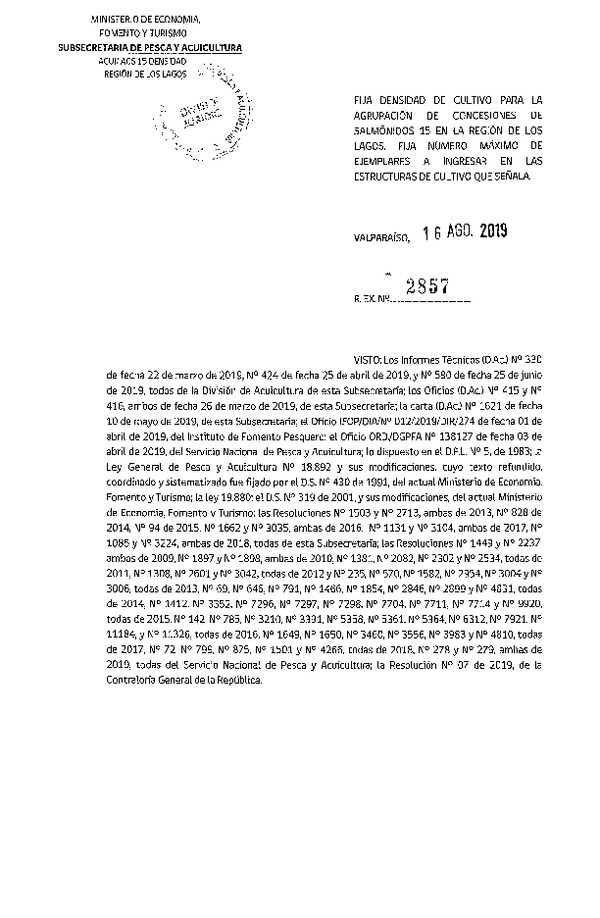 Res. Ex. N° 2857-2019 Fija Densidad de Cultivo para la Agrupación de Concesiones de Salmónidos 15, Región de Los Lagos. (Con Informe Técnico) (Publicado en Página Web 20-08-2019)