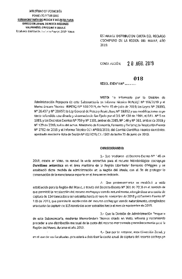 Res. Ex. N° 18-2019 (DZP Valparaíso, O'Higgins y Maule) Establece Distribución Cuota del Recurso Cochayuyo en la Región del Maule, año 2019. (Publicado en Página Web 20-08-2019)