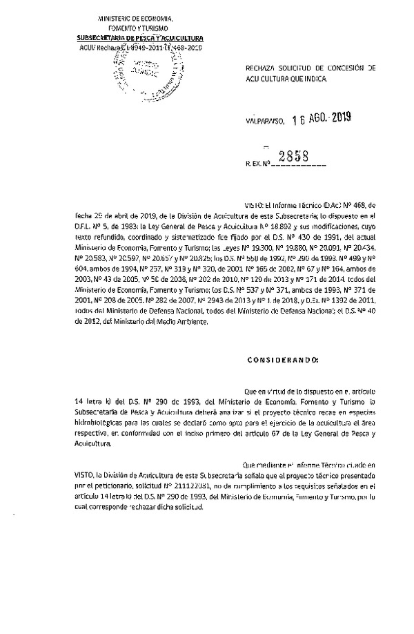 Res. Ex. N° 2858-2019 Rechaza solicitud de concesión de acuicultura que indica.