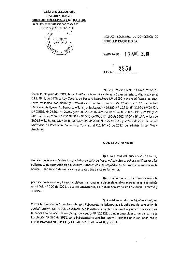 Res. Ex. N° 2859-2019 Rechaza solicitud de concesión de acuicultura que indica.