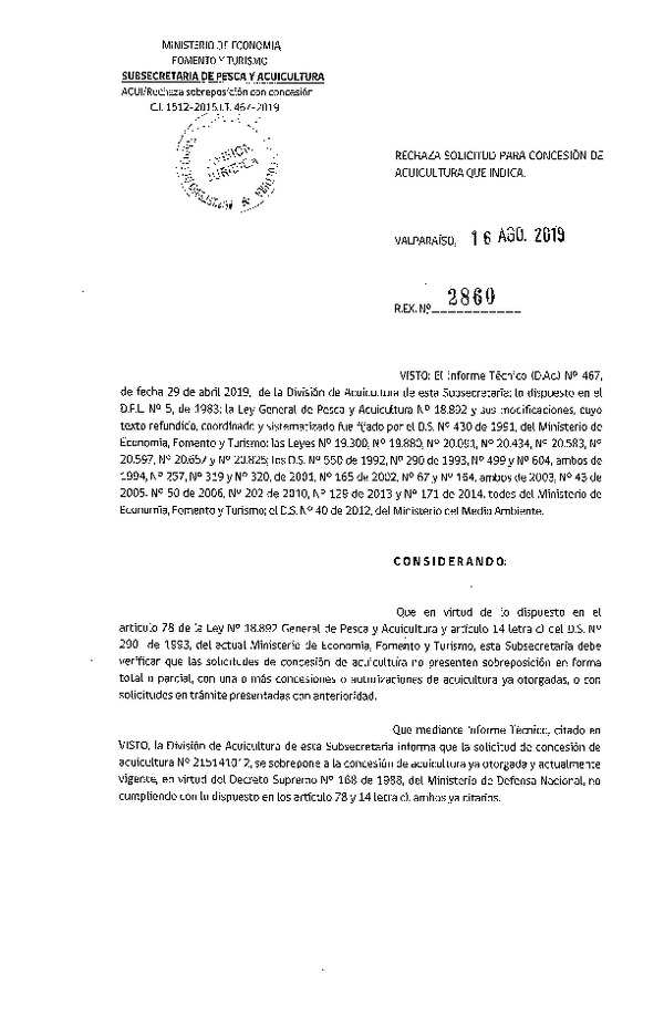 Res. Ex. N° 2860-2019 Rechaza solicitud para concesión de acuicultura que indica.