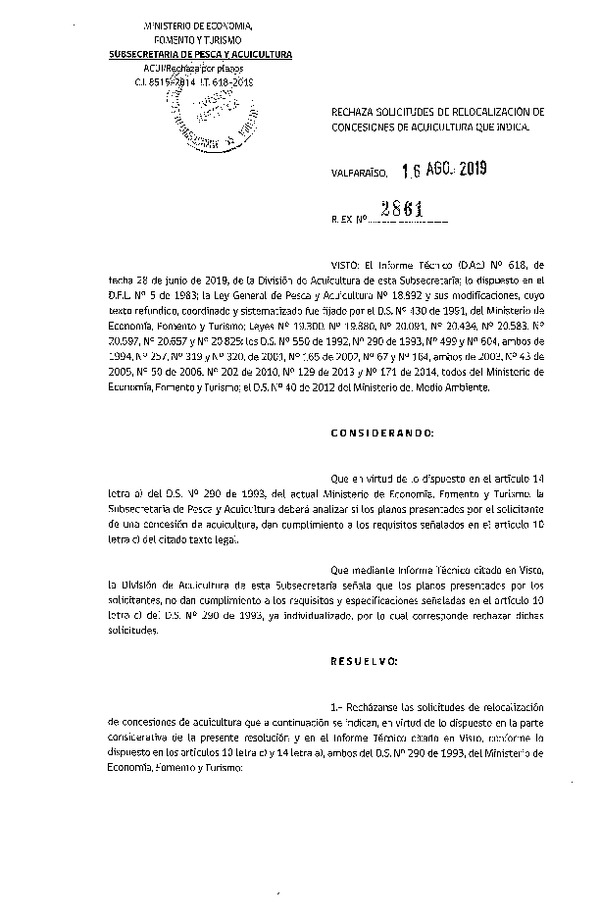 Res. Ex. N° 2861-2019 Rechaza solicitud de relocalización de concesiones de acuicultura que indica.