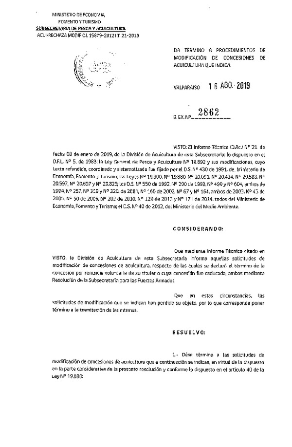 Res. Ex. N° 2862-2019 da término a procediientos de modificación de concesiones de acuicultura que indica.