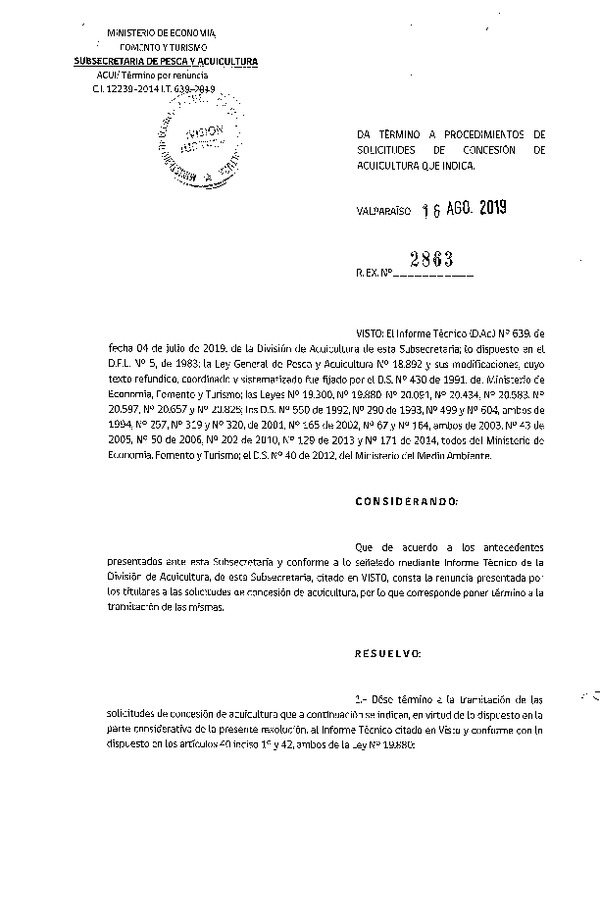 Res. Ex. N° 2863-2019 Da término a procedimientos de solicitudes de concesión de acuicultura que indica.