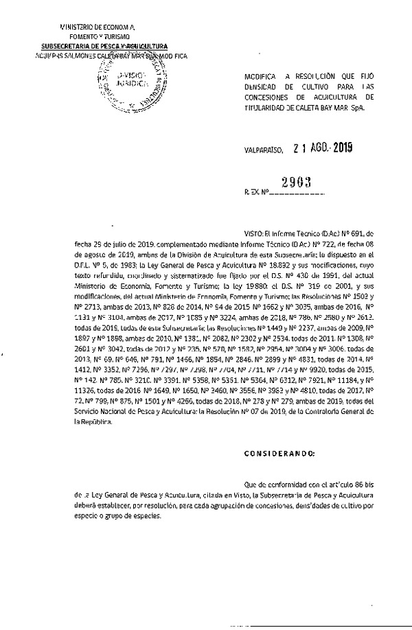 Res. Ex. N° 2903-2019 Modifica Res. Ex. N° 786-2019 Fija Densidad de Cultivo para las Concesiones de Acuicultura de Titularidad de Caleta Bay S.A. (Caleta Bay Mar S.A.) (Con Informe Técnico) (Publicado en Página Web 22-08-2019)