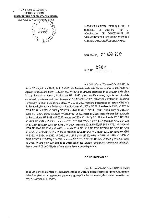 Res. Ex. N° 2904-2019 Modifica Res. Ex. N° 2452-2019 Fija Densidad de Cultivo para la Agrupación de Concesiones de Salmónidos 22A Región de Aysén, (Con Informe Técnico) (Publicado en Página Web 22-08-2019)