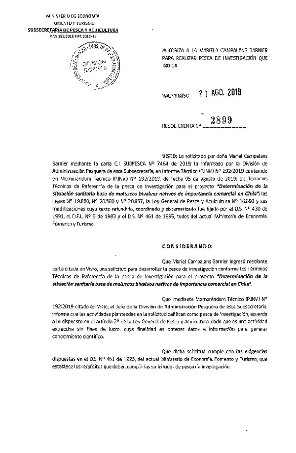 Res. Ex. N° 2899-2019 Determinación de la situación sanitaria base de moluscos.