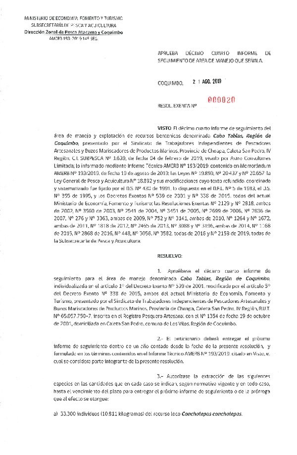 Res. Ex. N° 20-2019 (DZP Atacama y Coquimbo) 14° Seguimiento.