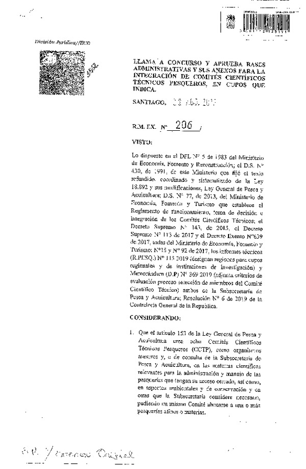 R.M. EX. N° 206-2019 Llama a Concurso y Aprueba Bases Administrativas y sus Anexos para la Integración de Comités Científicos Técnicos Pesqueros, en Cupos que Indica. (Publicado en Página Web 23-08-2019)(F.D.O. 28-08-2019)