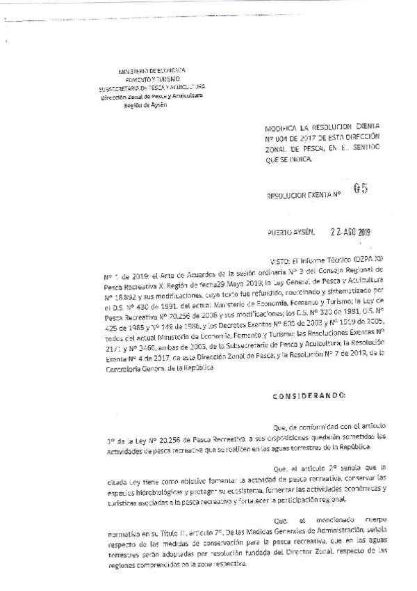 Res. EX. N° 5-2019 Modifica Res. Ex. N° 4-2017 Establece Medidas de Administración para las Especies Salmonídeas en la XI Región. (Publicado en Página) 23-08-2019)