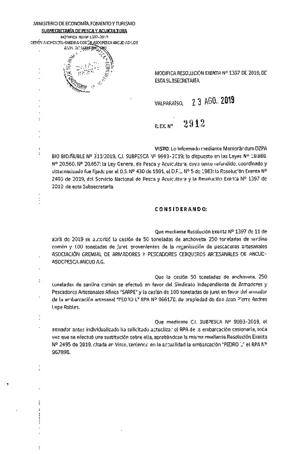 Res. Ex. N° 2912-2019 Modifica Res. Ex. N° 1397-2019 Autoriza cesión Anchoveta y Sardina común Regiones Ñuble-Biobío.