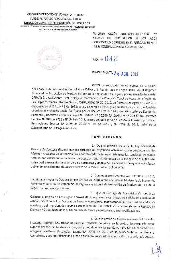 Res. Ex. N° 43-2019 (DZP Los Lagos) Autoriza cesión merluza del sur, Región de Los Lagos.