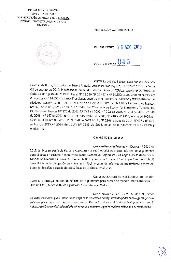 Res. Ex. N° 45-2019 (DZP Los Lagos) Prorroga 12° Seguimiento.