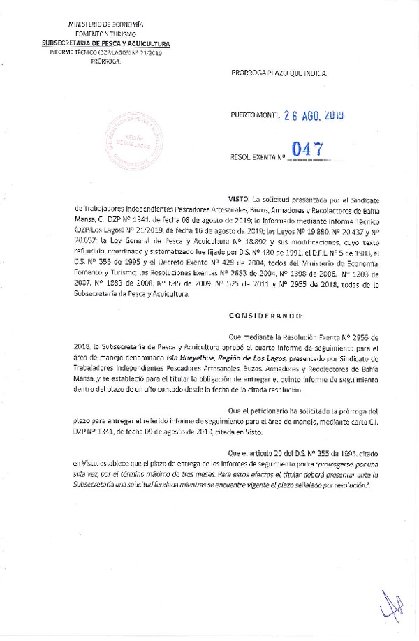 Res. Ex. N° 47-2019 (DZP Los Lagos) Prorroga 5° Seguimiento.