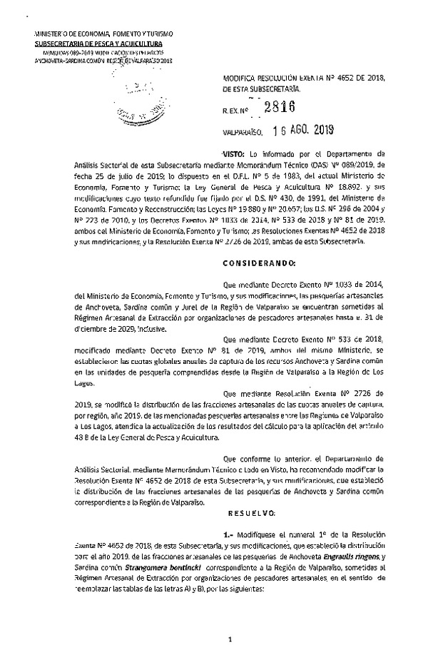 Res. Ex. N° 2816-2019 Modifica Res. Ex. N° 4652-2018 Distribución de la fracción artesanal de pesquería de Anchoveta, sardina común y Jurel, Región de Valparaíso, año 2019. (Publicado en Página Web 20-08-2019) (F.D.O. 27-08-2019)