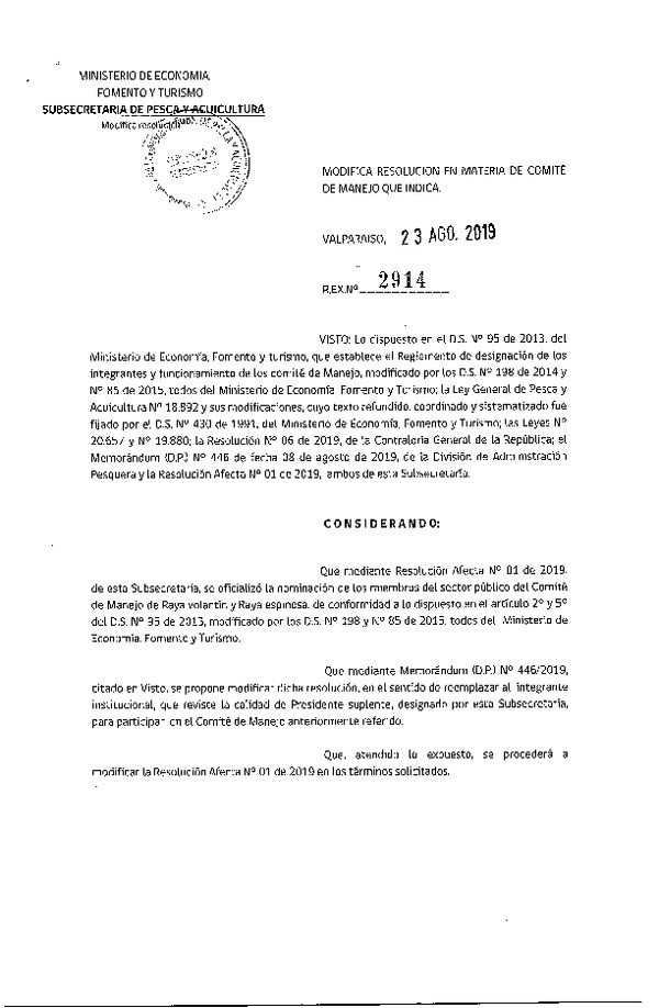 Res. Ex. N° 2914-2019 Modifica Res. Afecta N° 01-2019 designa funcionarios de la Subsecretaría de Pesca y Acuicultura en Comités de Manejo que Indica. (Publicado en Página Web 27-08-2019)