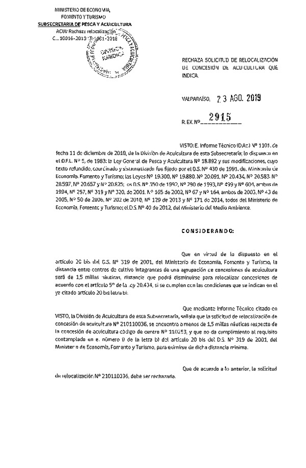 Res. Ex. N° 2915-2019 Rechaza solicitud de relocalización de concesiones de acuicultura que indica.