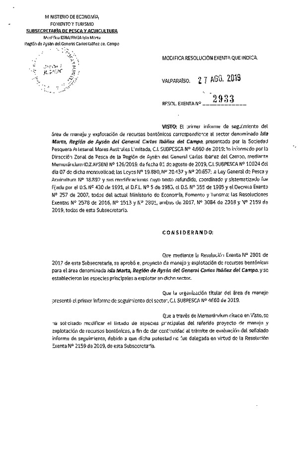 Res. Ex. N° 2933-2019 Modifica Res. Ex. N° 2801-2017.