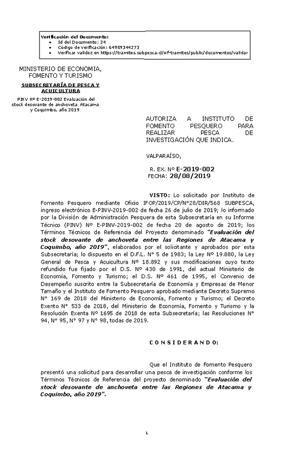 Res. Ex. N° E-2019-002 Evaluación del stock desovante de anchoveta entre las Regiones de Atacama y Coquimbo, año 2019. (Publicado en Página Web 28-08-2019)