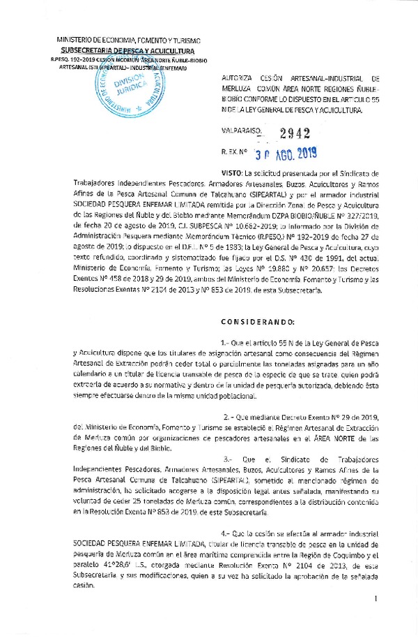 Res. Ex. N° 2942-2019 Autoriza cesión Merluza común Regiones Ñuble- Biobío.