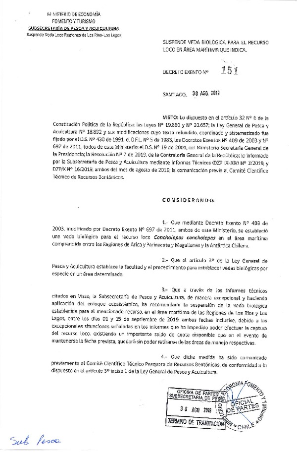 ec. Ex. N° 151-2019 Suspende Veda Biológica para el Recurso Loco, Región de Los Ríos y Los Lagos. (Publicado en Página Web 30-08-2019) (F.D.O. 04-09-2019)