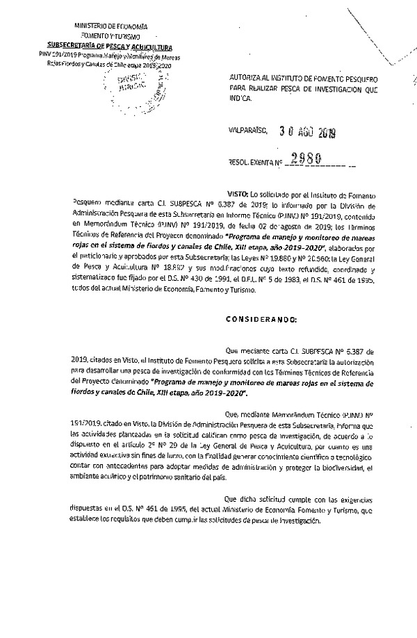 Res. Ex. N° 2980-2019 Programa de manejo y monitoreo de mareas rojas en el sistema de fiordos y canales de Chile.