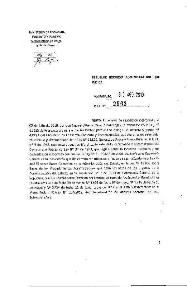 Res. EX. N° 2962-2019 Resuelve recursos administrativos que indica.