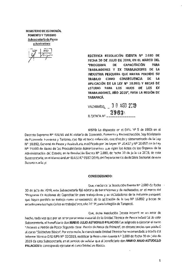 Res. EX. N° 2963-2019 Rectifica Res. Ex. N° 2680-2019 Programa de capacitación.