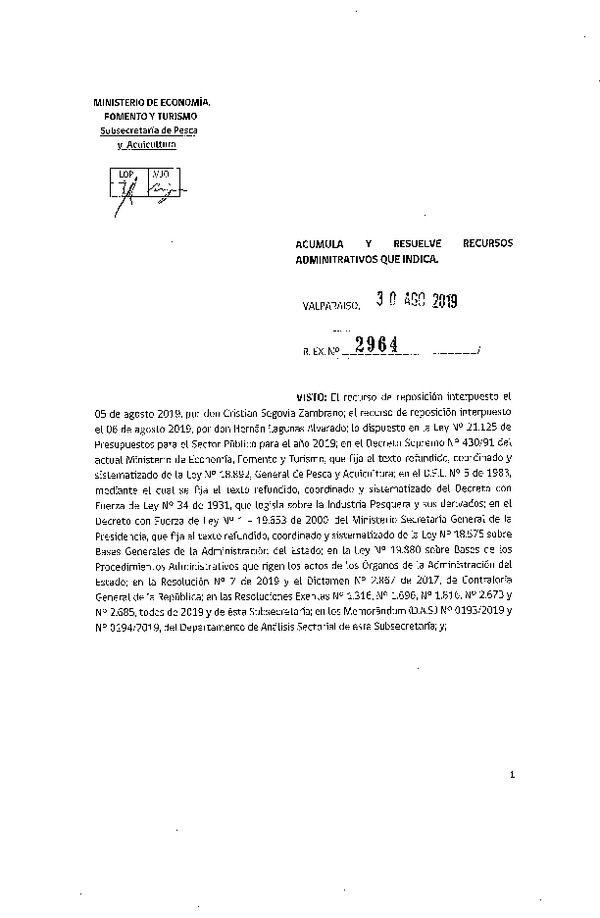 Res. EX. N° 2964-2019 Acumula y resuelve recursos administrativos que indica.