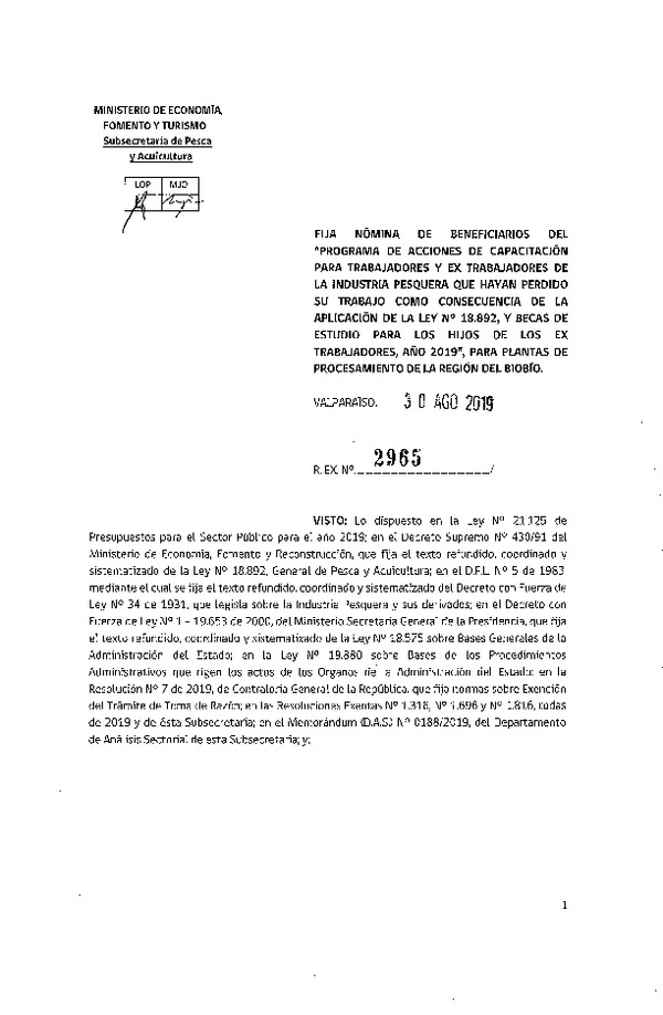 Res. EX. N° 2965-2019 Fija nómina de beneficiarios del programa de acciones de capacitación para trabajadores y ex trabajadores industria pesquera.