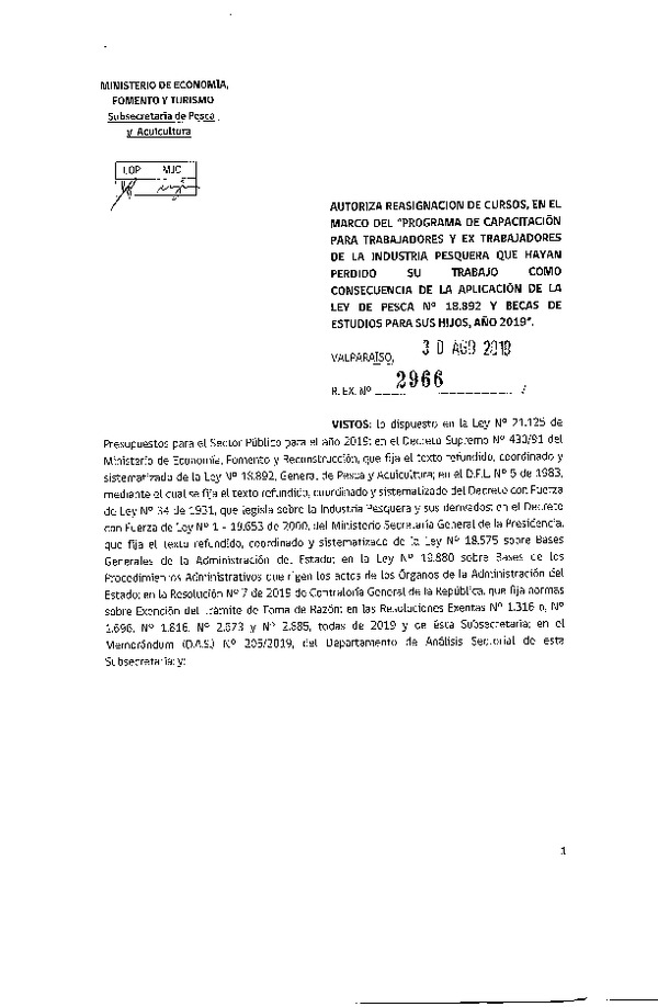 Res. Ex. N° 2966-2019 Autoriza reasignación de recursos.