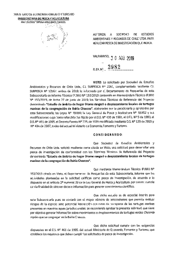 Res. Ex. N° 2982-2019 Estudio de ambito de hogar o desplazamientos locales de tortugas marinas.