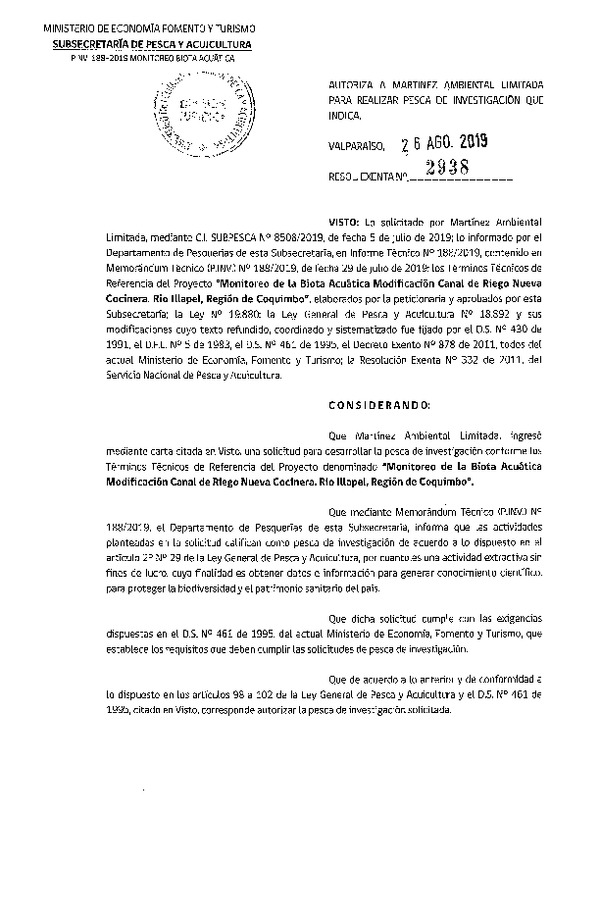 Res. Ex. N° 2938-2019 Monitoreo de la biota acuática, Región de Coquimbo.
